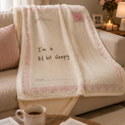 Vintage Postcard Rose I'm a Lil Bit Sleepy Sherpa Fleece Blanket | Scalloped Love Letter