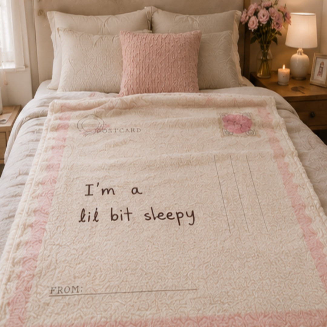 Vintage Postcard Rose I'm a Lil Bit Sleepy Sherpa Fleece Blanket | Scalloped Love Letter